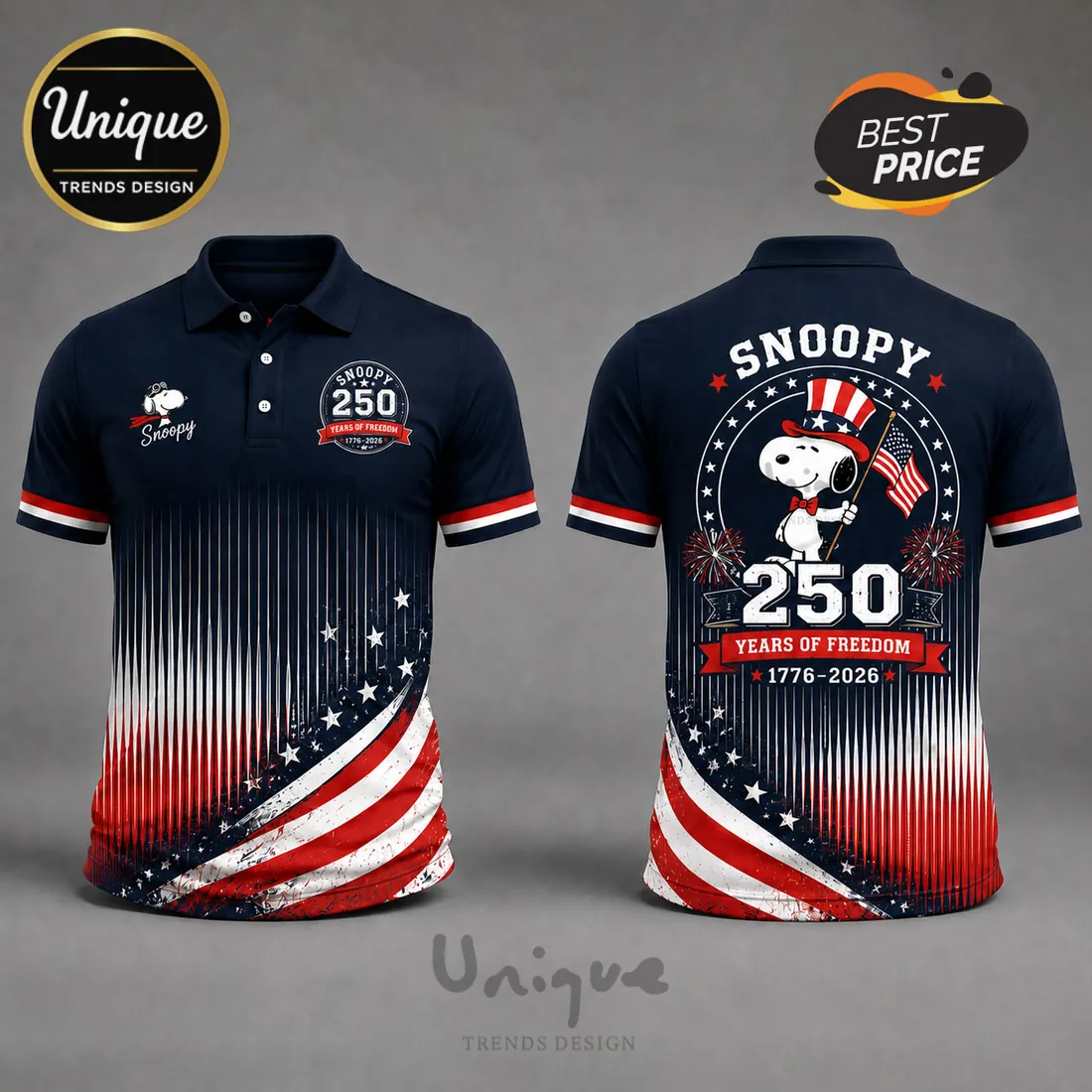 Snoopy x USA Patriotic 250 Years Of Freedom 1776-2026 Polo Shirt Snoopy x USA Patriotic 250 Years Of Freedom 1776-2026 Polo Shirt