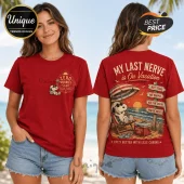 Red cotton crewneck t-shirt featuring Snoopy wearing sunglasses, tropical beach scene graphic, and humorous vacation text.!