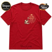 Red cotton crew neck t-shirt featuring Snoopy wearing sunglasses with a Zero Worries Club Beach Edition graphic.!