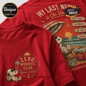 Red cotton t-shirt featuring Snoopy graphic, text reading My Last Nerve Is On Vacation and Zero Worries Club Beach Edition.!
