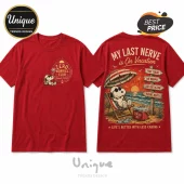 Red cotton crewneck t-shirt featuring Snoopy graphic, beach sunset, and humorous slogans on front and back.!
