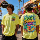 Yellow tie-dye cotton t-shirt with Sour Patch Kids graphic logo on front and beach scene with candy characters on back.!