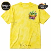 Yellow tie-dye t-shirt featuring a small Sour Patch Kids logo with paint splatter graphics on the left chest area.!
