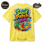Yellow tie-dye t-shirt featuring graphic of Sour Patch Kids characters skating and rollerblading on a beach background.!