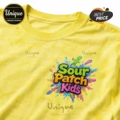Yellow tie-dye cotton t-shirt featuring a colorful Sour Patch Kids logo graphic with paint splatters and a gummy figure.!
