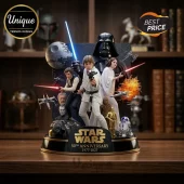 Star Wars 50th Anniversary collectible statue featuring Luke, Leia, Han Solo, Vader, and droids on a display base.!