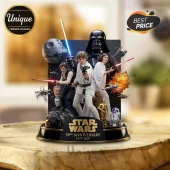 Star Wars 50th Anniversary collectible statue featuring Luke, Leia, Han Solo, Vader, and droids on a tiered black base.!