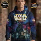 Star Wars 50th Anniversary unisex hoodie featuring Darth Vader, Obi-Wan Kenobi, and galaxy print on blue fabric.!