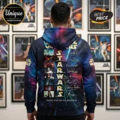 Star Wars hoodie back view with galaxy print, character portraits, vertical logo, and actor autographs on fabric.!