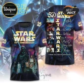 Star Wars 50th anniversary crewneck t-shirt featuring film characters, cast autographs, and space theme graphics.!