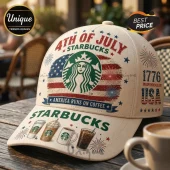 Cream-colored baseball cap with 4th of July Starbucks logo, American flag, coffee beverage graphics, and 1776 text.!