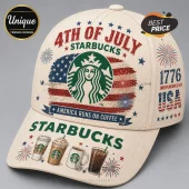 Cream colored baseball cap with red, white, and blue 4th of July Starbucks coffee graphics and American flag designs.!