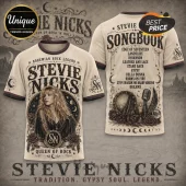 Stevie Nicks graphic t-shirt in beige with vintage rock concert artwork, song titles, and occult-themed illustrations.!