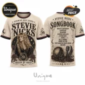 Stevie Nicks graphic t-shirt in cream featuring portrait, bohemian motifs, and song list on back in black vintage typography.!