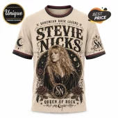 Stevie Nicks graphic t-shirt with beige base, featuring black celestial elements, roses, and stylized text.!