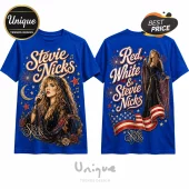 Blue crew neck t-shirt featuring Stevie Nicks graphic art with vintage typography, stars, roses, and American flag motif.!