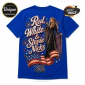 Royal blue t-shirt featuring a Stevie Nicks graphic with Red White & Stevie Nicks text, fireworks, and an American flag.!