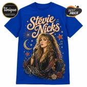 Stevie Nicks graphic print on a royal blue short-sleeve cotton t-shirt featuring stars, roses, and a tambourine.!