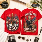 Red cotton t-shirts with America 250 and Sting graphic prints, featuring US flags, fireworks, and a bass guitar illustration.!