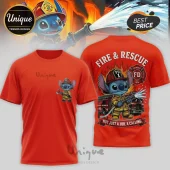 Orange graphic t-shirt featuring Stitch as a firefighter with a hose and axe, back print reads Fire & Rescue 911 FD.!