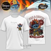 White t-shirt featuring Stitch as a firefighter with a fire truck and the text Fire and Rescue and Not Just A Job.!