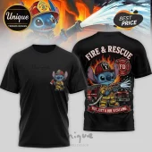 Black cotton t-shirt featuring Stitch as a firefighter with a hose, fire truck, and text reading Fire & Rescue.!