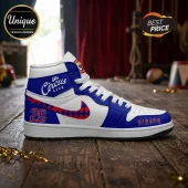 High-top sneaker in white and royal blue leather with a red and blue harlequin Nike swoosh and number 26 printed on heel.!