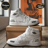 Custom white leather high-top sneakers with Tame Impala and Deadbeat text, Jordan branding, and laces on a cardboard box.!