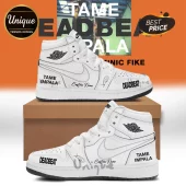 Custom white leather high-top sneakers with black Tame Impala and Deadbeat typography, Nike logos, and brown shoe box.!