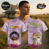 Toy Story 5 and Taylor Swift custom graphic baseball jersey in pastel purple tie-dye with character illustrations.!