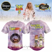 Taylor Swift and Toy Story 5 themed button-up baseball jersey with pastel tie-dye print, cartoon characters, and text.!
