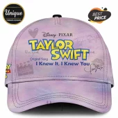 Purple tie-dye baseball cap featuring Disney Pixar Taylor Swift logo, movie clapperboard, heart, and script signature.!