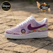 Custom lavender leather sneaker featuring Taylor Swift branding, Toy Story 5 text, a tire swing graphic, and white sole.!