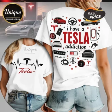 Tesla Addiction Pattern Illustrated Casual Crew Neck T-Shirt