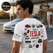 White t-shirt showing back print with Tesla car icons, charging station, steering wheel, and text I have a Tesla addiction.!