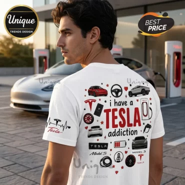 Tesla Addiction Pattern Illustrated Casual Crew Neck T-Shirt