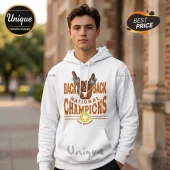 White hooded sweatshirt featuring Texas Longhorns Back-to-Back National Champions graphic with championship rings.!