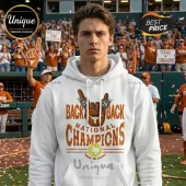 White hoodie with Back to Back National Champions text and Texas Longhorns hand sign graphic in orange on the chest.!