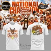 Two white t-shirts featuring Texas Longhorns softball back-to-back championship graphics with orange and yellow accents.!