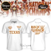 White Texas Longhorns softball polo shirt with Back-to-Back National Champions print in burnt orange text and logos.!