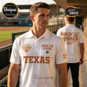 Man wearing a white Texas Longhorns softball polo shirt with burnt orange text and national champion graphics.!