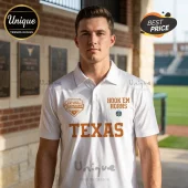 Man wearing a white polo shirt with Texas Longhorns graphics, National Champion text, and Hook 'Em Horns print.!