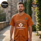 Burnt orange Texas Longhorns baseball jersey featuring 2026 National Champions softball text and white logo on front.!
