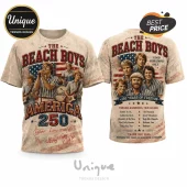 The Beach Boys America 250 graphic t-shirt featuring band portraits, vintage American flag print, and song list on back.!