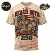 The Beach Boys graphic t-shirt in beige with American flag, vintage band members, and printed signatures on front.!