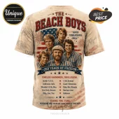 The Beach Boys graphic t-shirt featuring band portraits, an American flag background, and a list of hit song titles.!