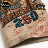 Tan t-shirt graphic featuring The Beach Boys, America 250 text, and simulated red ink signatures on a vintage texture.!