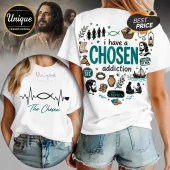 White t-shirt featuring Christian themes, icons of Jesus, sandals, a boat, and text reading I have a CHOSEN addiction.!