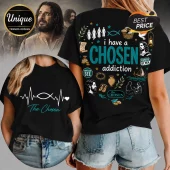 Black cotton t-shirts featuring The Chosen series graphic prints, fish icons, heart EKG pulse, and religious imagery.!