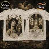 Beige cotton t-shirt with Jim Morrison portrait, The Doors logo, and a surreal gateway graphic in vintage brown ink.!